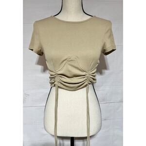 PRINCESS POLLY sz 8 Stormi khaki tan cinched cropped top t-shirt ribbed texture